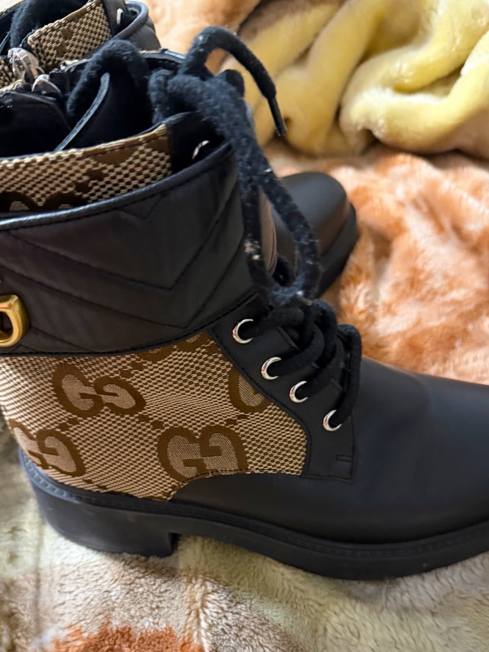 Gucci Black Leather & Tan GG Canvas Lace-Up Ankle Boots - Picture 6 of 9